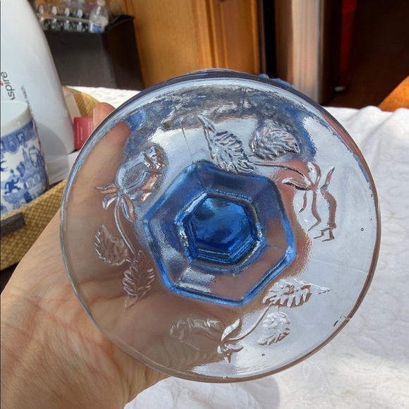 Fenton Blue Pressed Glass Rose Pattern Goblet from Madonna Inn 9oz 6.5” - Picture 3 of 4